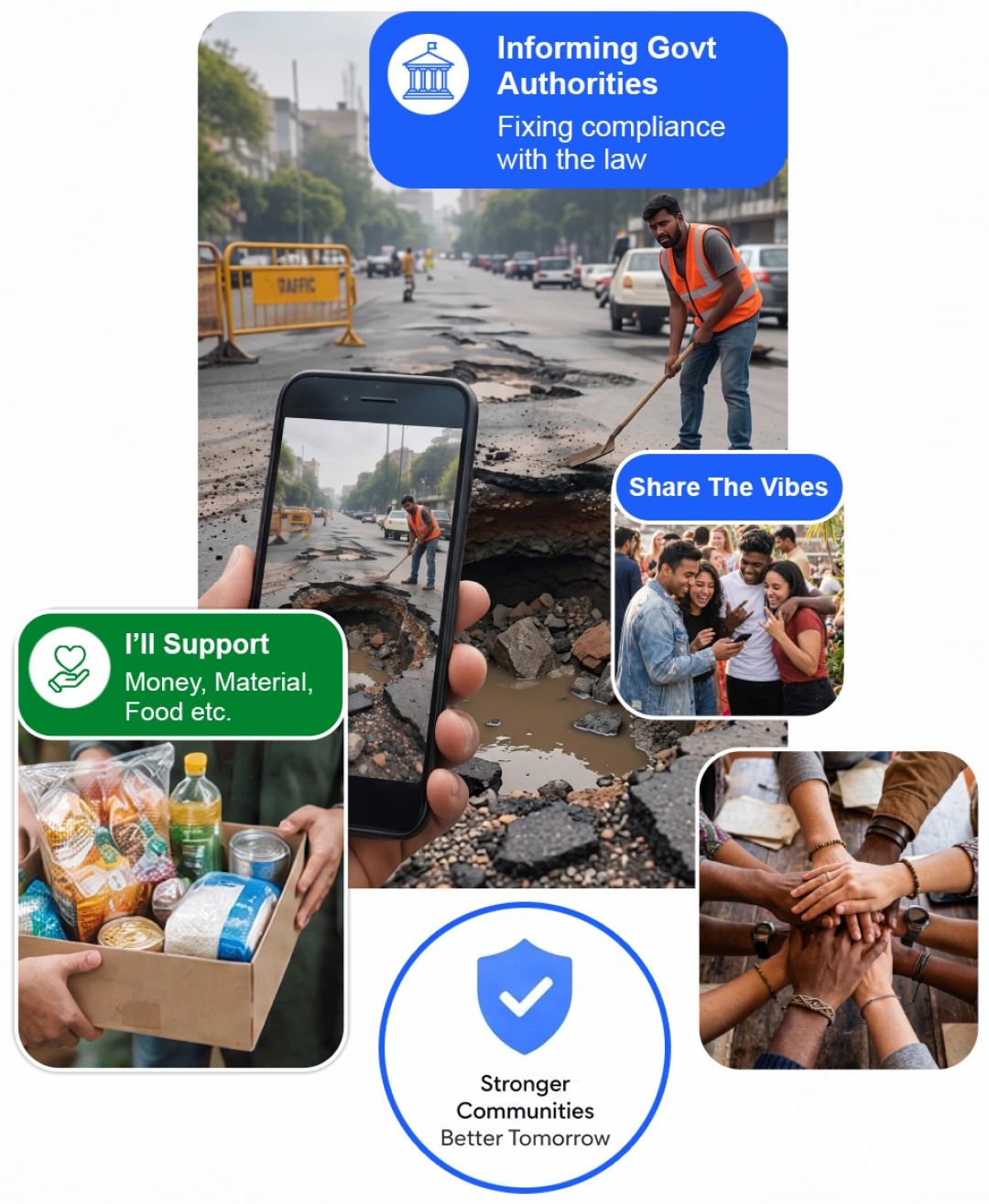 A pothole being reported from a phone, neighbours sharing it, a food parcel being handed over, and hands joined together
